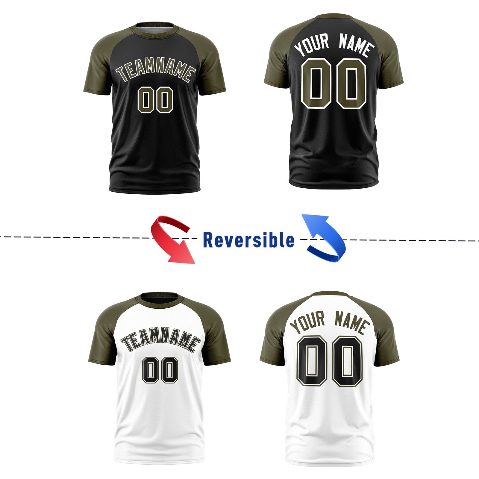 Custom Black Olive White Reversible Raglan Sleeves Quick Dry T-shirt| KXKSHOP