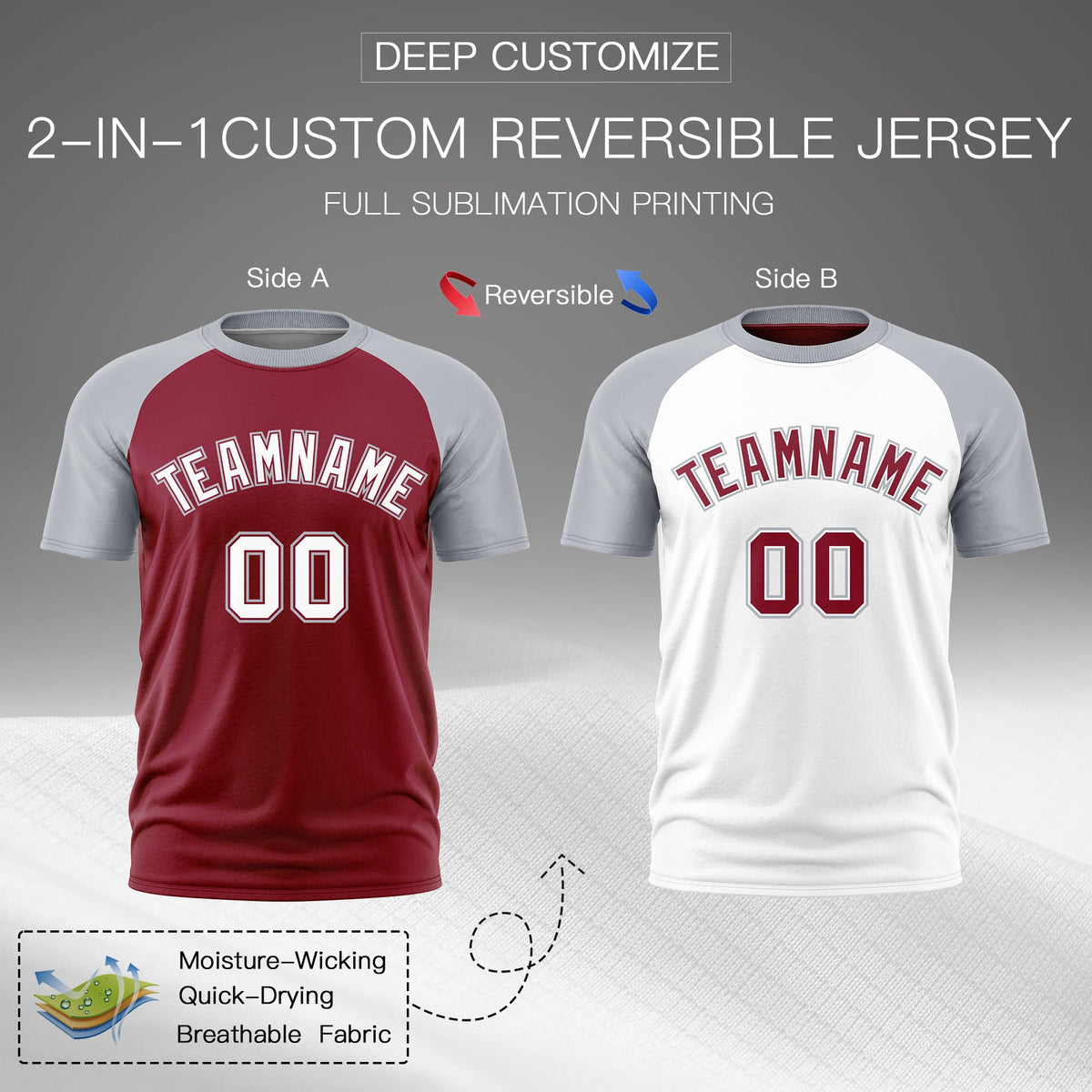 Custom Crimson Silver White Reversible Raglan Sleeves Moisture-Wicking T-shirt| KXKSHOP