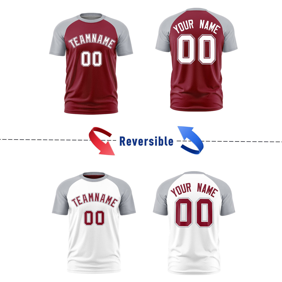 Custom Crimson Silver White Reversible Raglan Sleeves Moisture-Wicking T-shirt| KXKSHOP