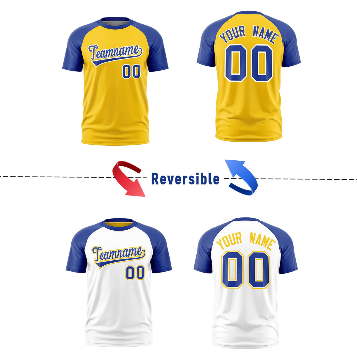 Custom Gold Royal Blue White Reversible Raglan Sleeves Moisture-Wicking T-shirt| KXKSHOP