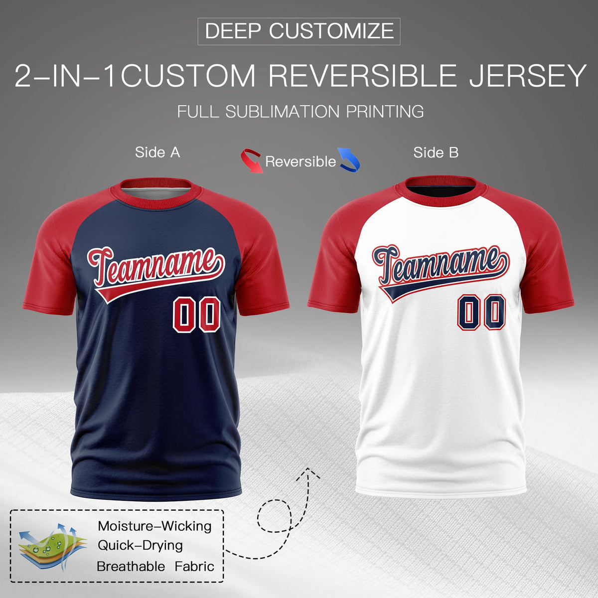 Custom Navy Red White Reversible Raglan Sleeves Moisture-Wicking T-shirt| KXKSHOP