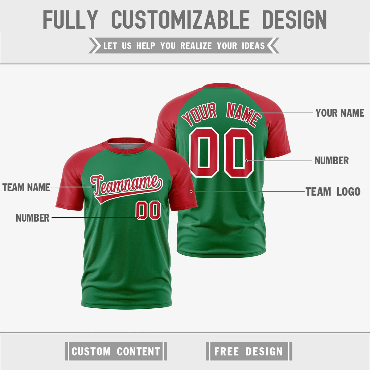 Custom Kelly Green Red White Reversible Raglan Sleeves Quick Dry T-shirt| KXKSHOP