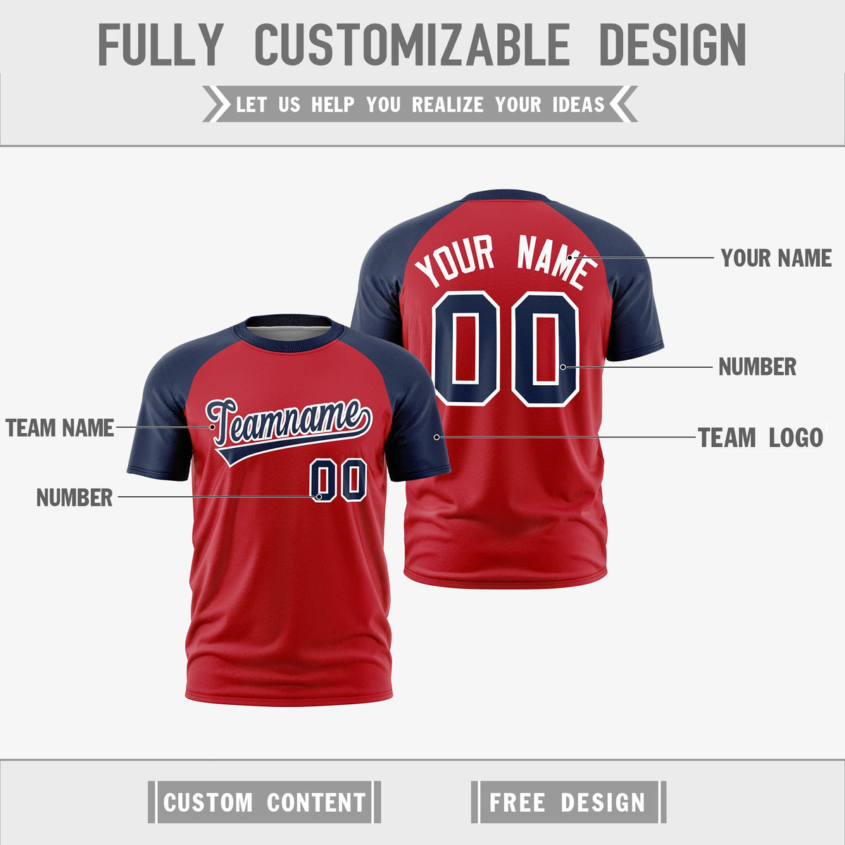 Custom Red Navy White Reversible Raglan Sleeves Quick Dry T-shirt| KXKSHOP