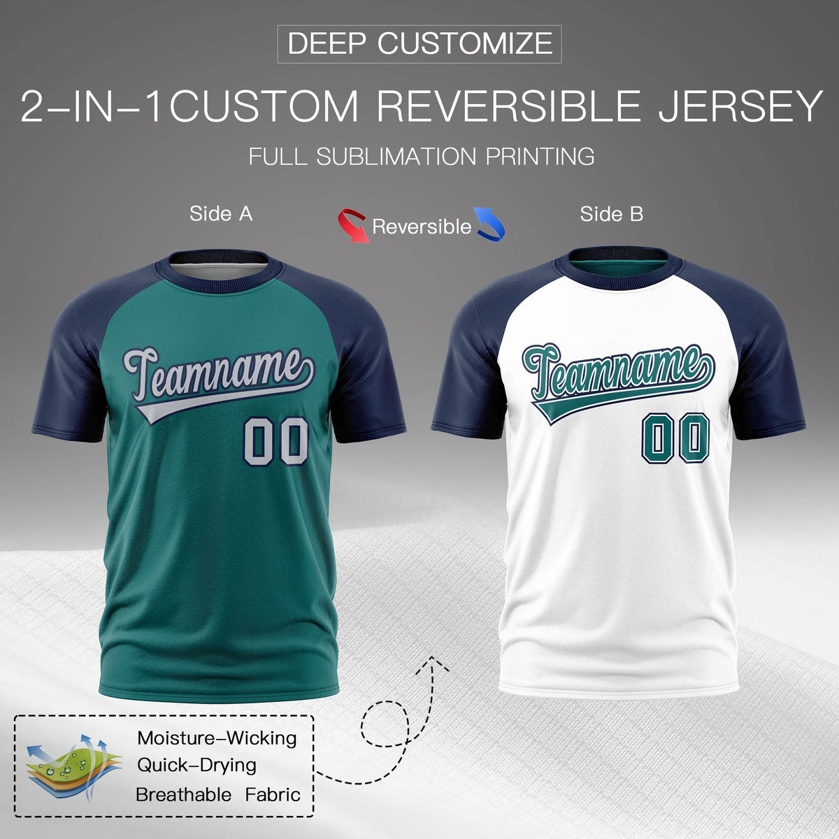 Custom Teal Navy Silver Reversible Raglan Sleeves Moisture-Wicking T-shirt| KXKSHOP
