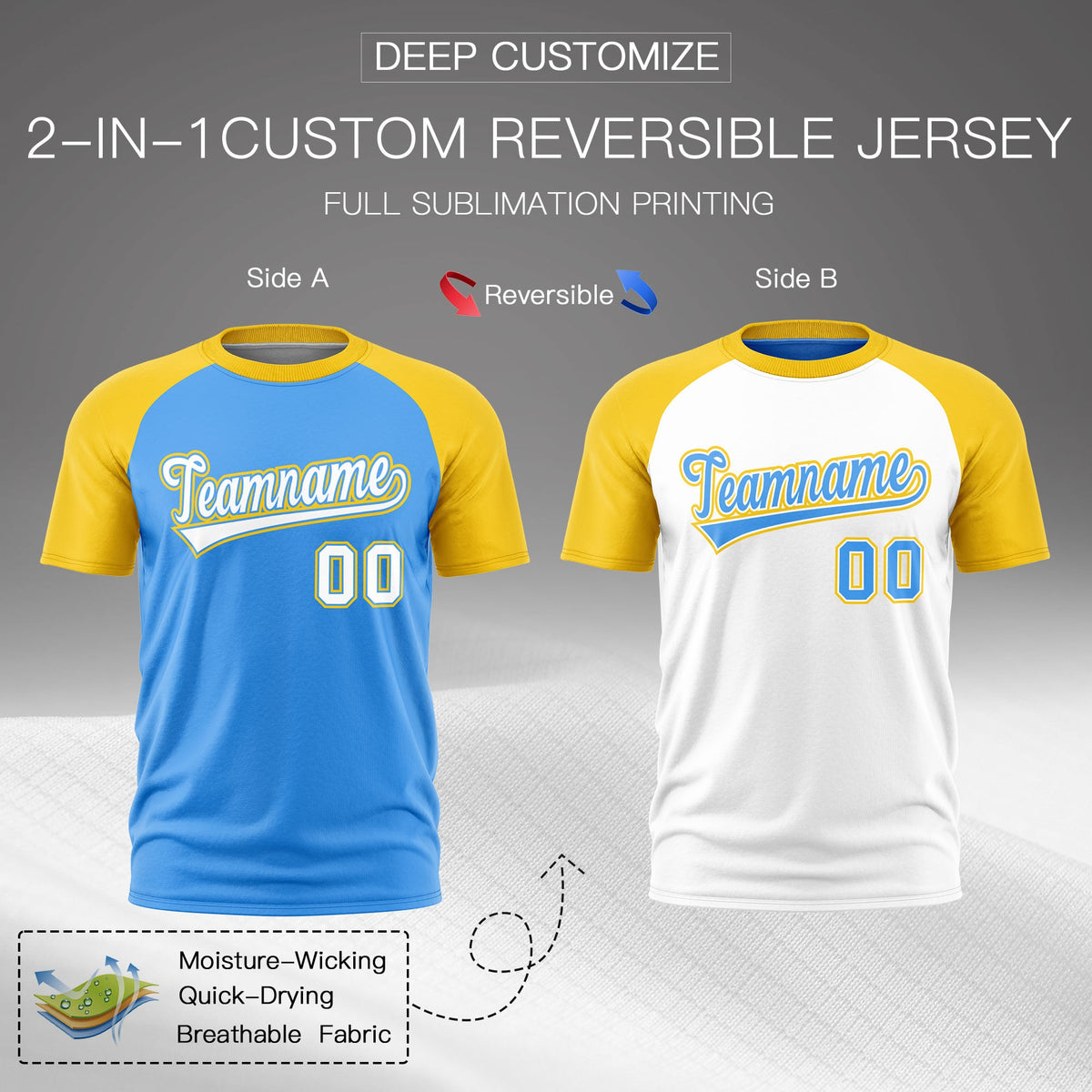 Custom Powder Blue Gold White Reversible Raglan Sleeves Moisture-Wicking T-shirt| KXKSHOP