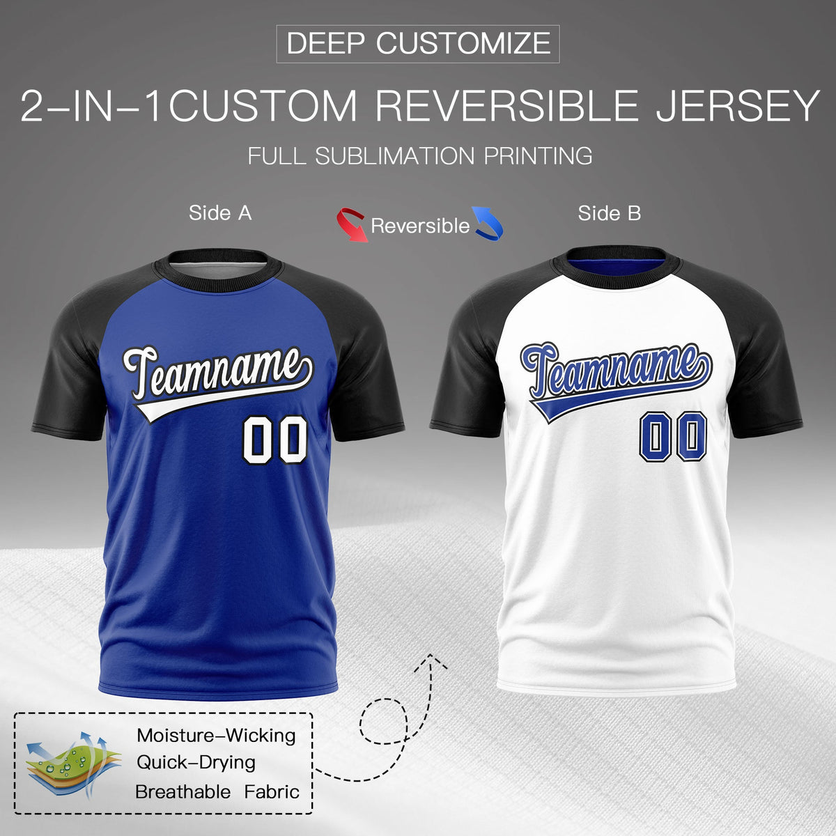 Custom Royal Blue Black White Reversible Raglan Sleeves Moisture-Wicking T-shirt| KXKSHOP