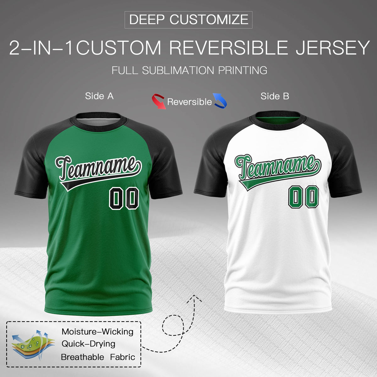 Custom Kelly Green Black White Reversible Raglan Sleeves Quick Dry T-shirt| KXKSHOP