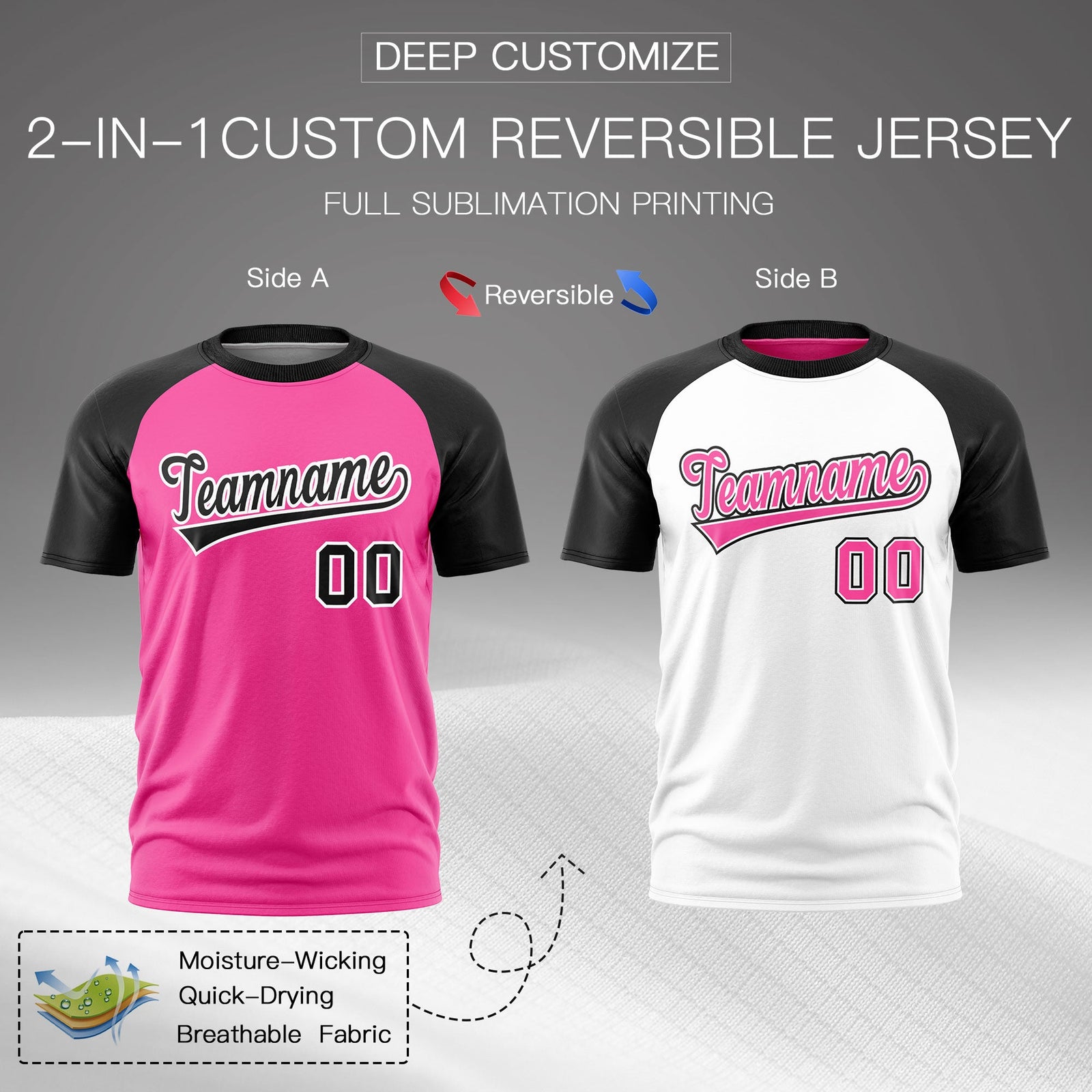 Custom Pink Black White Reversible Raglan Sleeves Moisture-Wicking T-shirt| KXKSHOP