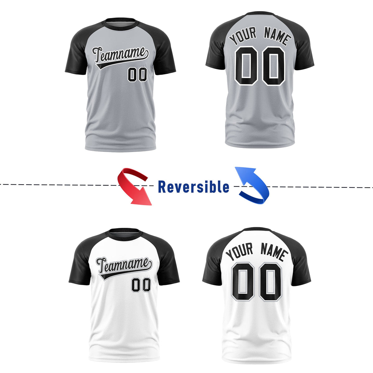 Custom Silver Black White Reversible Raglan Sleeves Quick Dry T-shirt| KXKSHOP