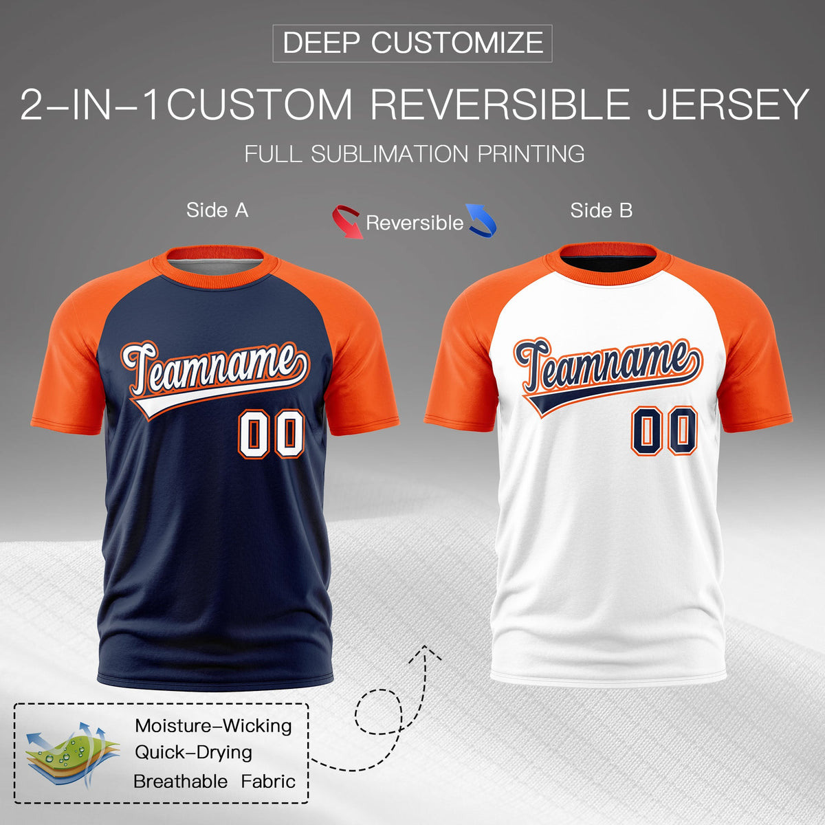 Custom Navy Orange White Reversible Raglan Sleeves Moisture-Wicking T-shirt| KXKSHOP