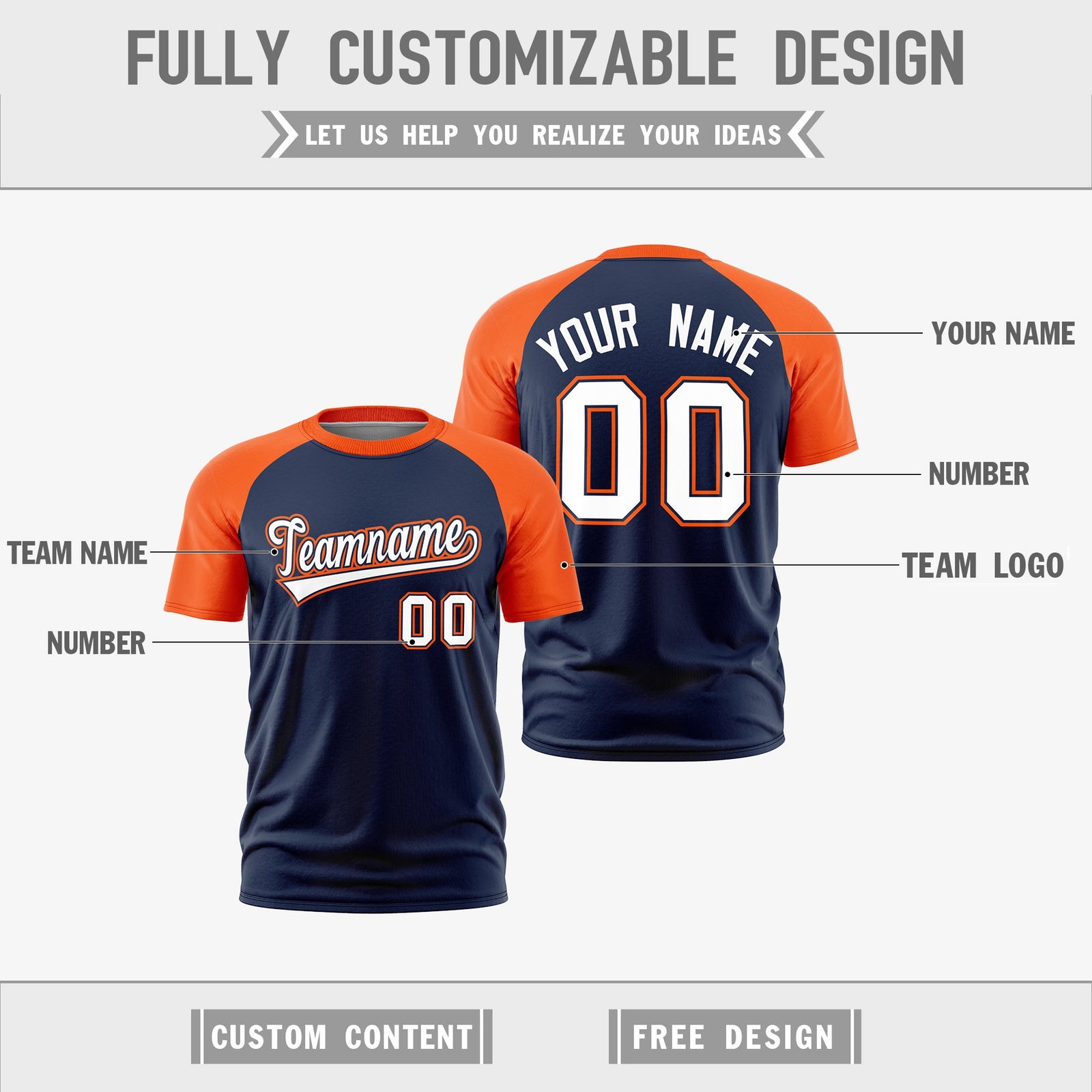 Custom Navy Orange White Reversible Raglan Sleeves Moisture-Wicking T-shirt| KXKSHOP