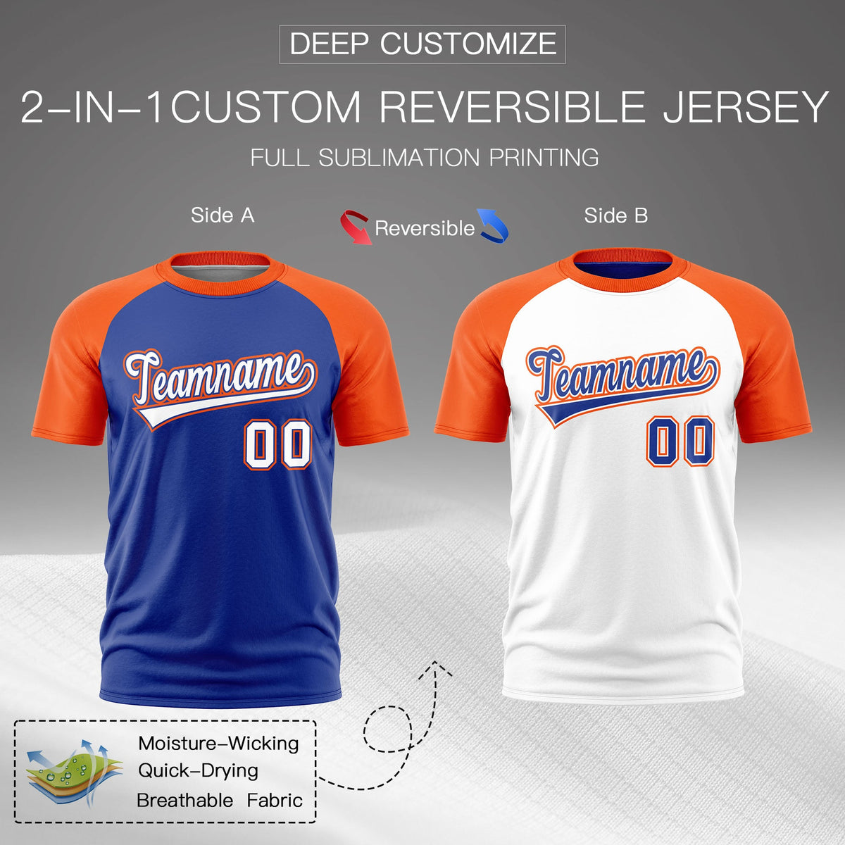 Custom Royal Blue Orange White Reversible Raglan Sleeves Moisture-Wicking T-shirt| KXKSHOP
