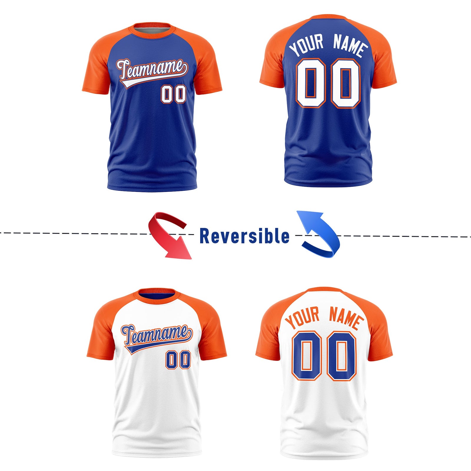 Custom Royal Blue Orange White Reversible Raglan Sleeves Moisture-Wicking T-shirt| KXKSHOP