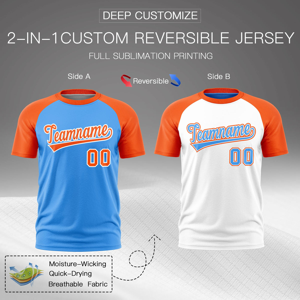 Custom Powder Blue Orange White Reversible Raglan Sleeves Moisture-Wicking T-shirt| KXKSHOP