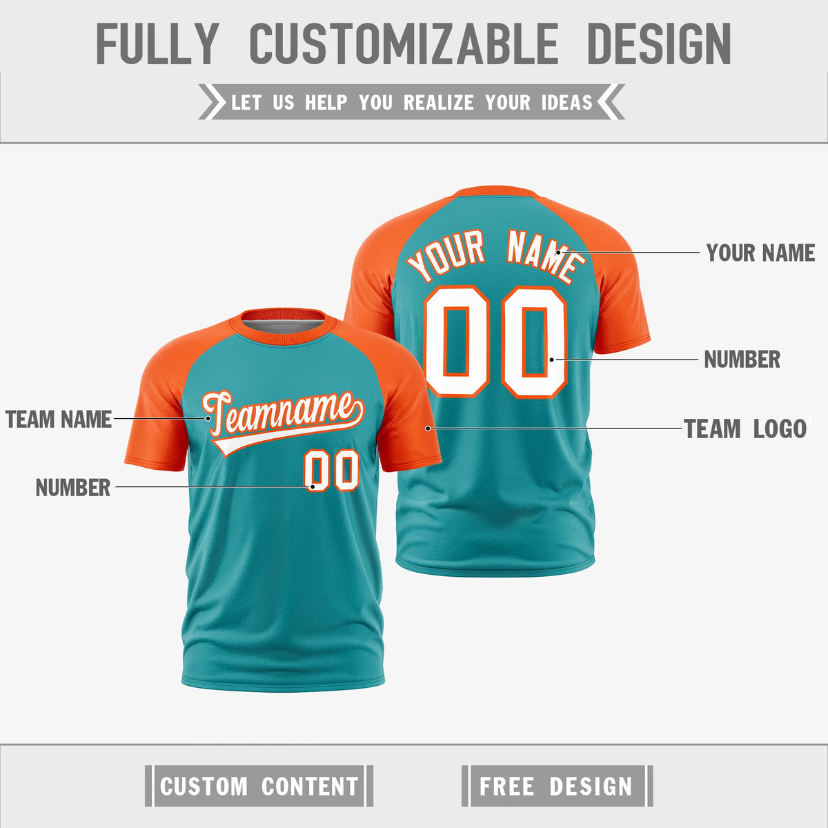 Custom Aqua Orange White Reversible Raglan Sleeves Quick Dry T-shirt| KXKSHOP