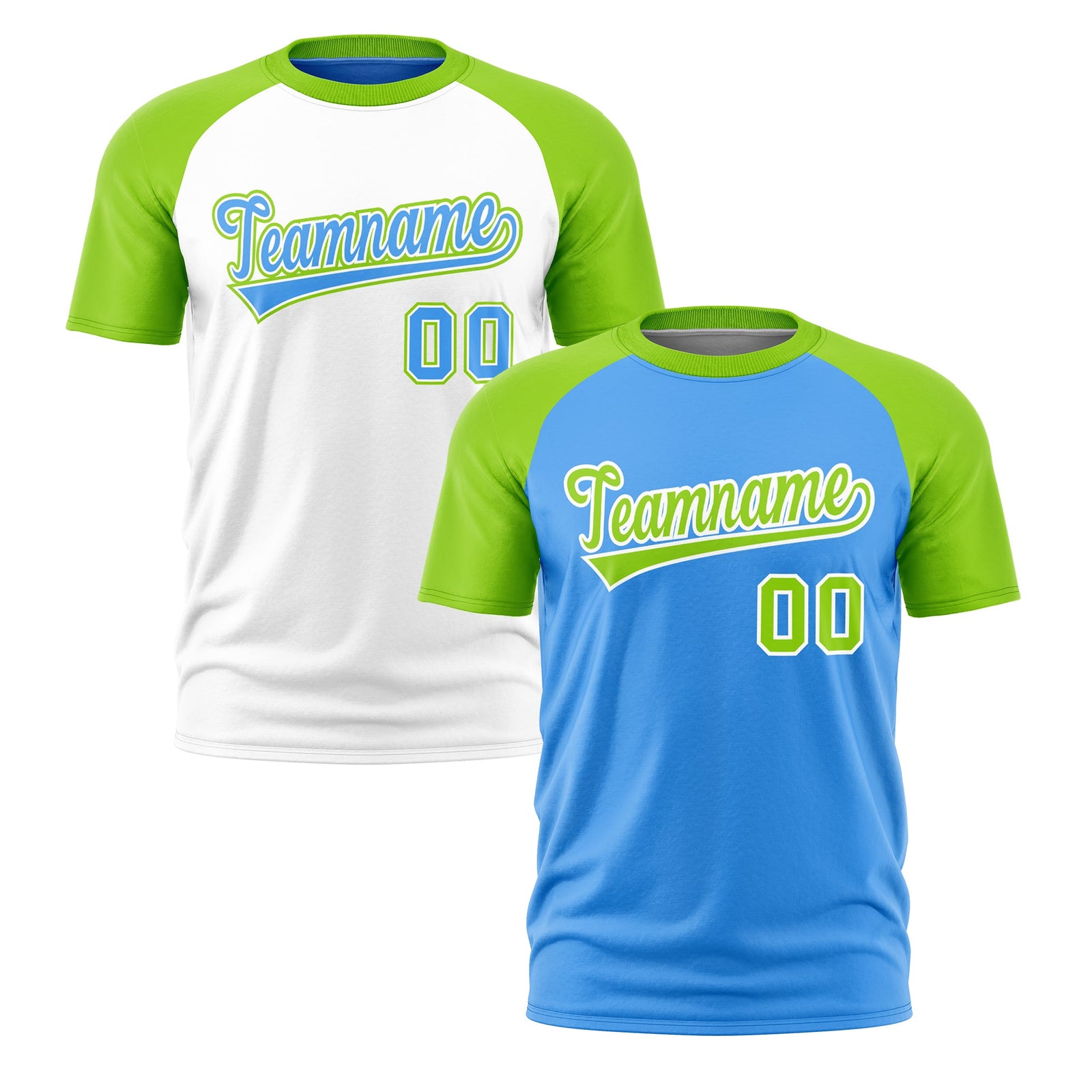 Custom Powder Blue Neon Green White Reversible Raglan Sleeves Quick Dry T-shirt| KXKSHOP