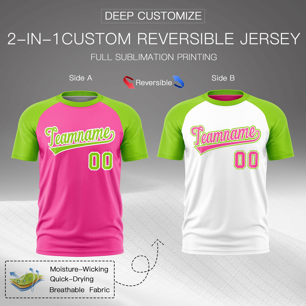 Custom Pink Neon Green White Reversible Raglan Sleeves Quick Dry T-shirt| KXKSHOP