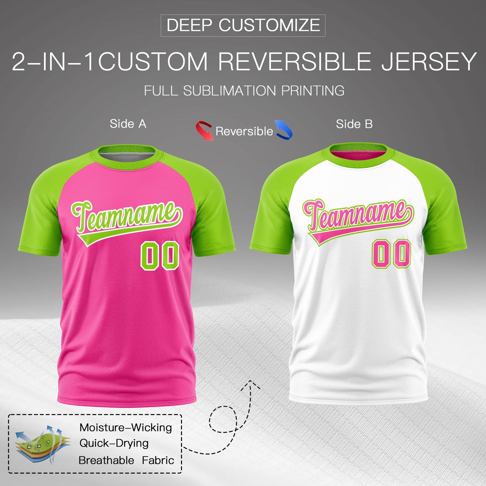 Custom Pink Neon Green White Reversible Raglan Sleeves Quick Dry T-shirt| KXKSHOP