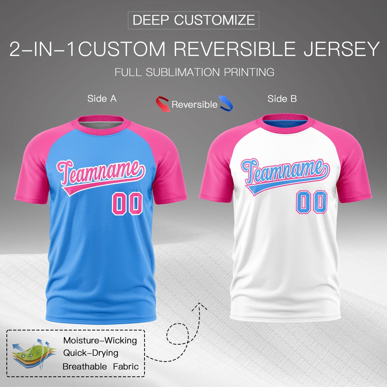 Custom Powder Blue Pink White Reversible Raglan Sleeves Quick Dry T-shirt| KXKSHOP
