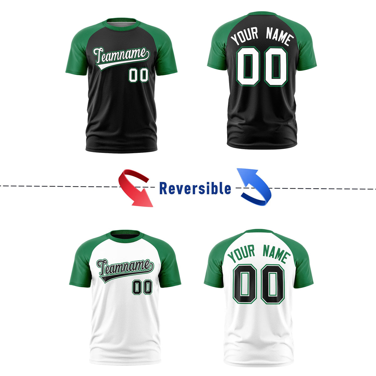 Custom Black Kelly Green White Reversible Raglan Sleeves Moisture-Wicking T-shirt| KXKSHOP