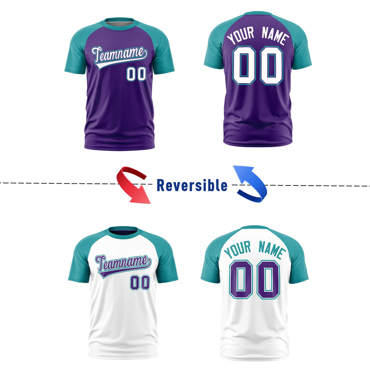 Custom Purple Teal White Reversible Raglan Sleeves Quick Dry T-shirt| KXKSHOP
