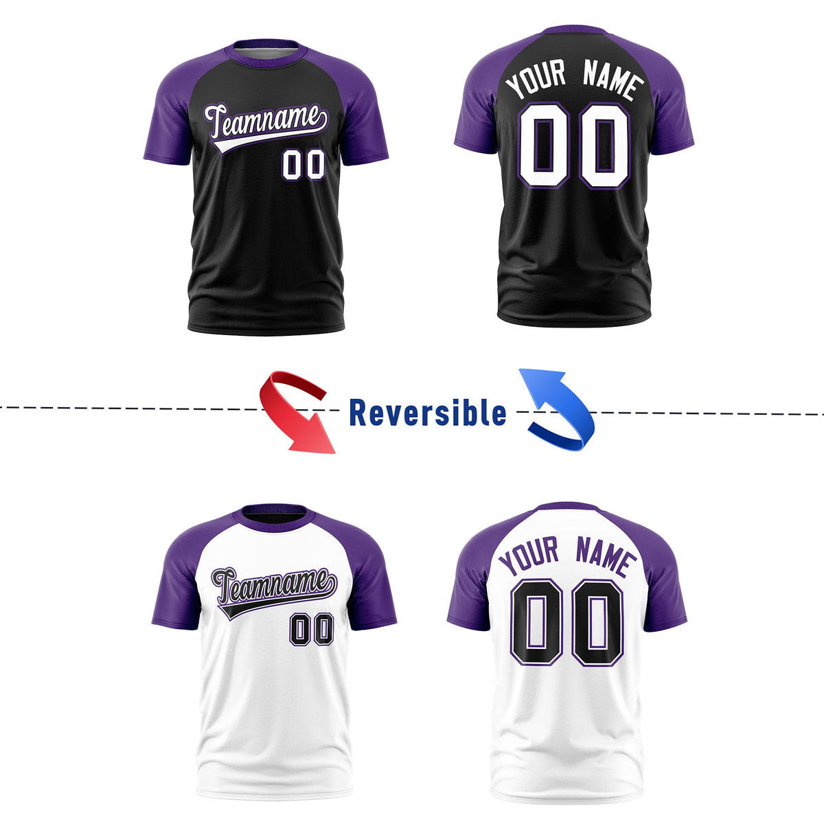 Custom Black Purple White Reversible Raglan Sleeves Moisture-Wicking T-shirt| KXKSHOP
