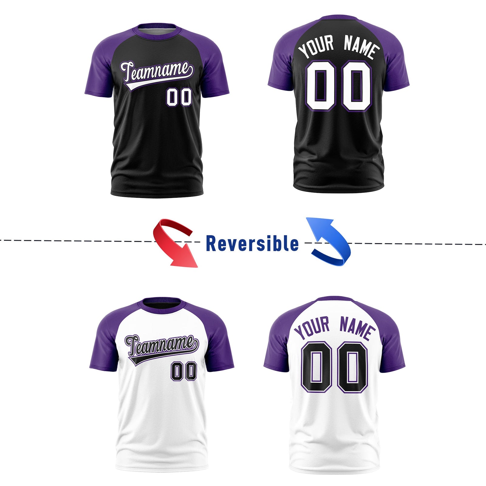 Custom Black Purple White Reversible Raglan Sleeves Moisture-Wicking T-shirt| KXKSHOP