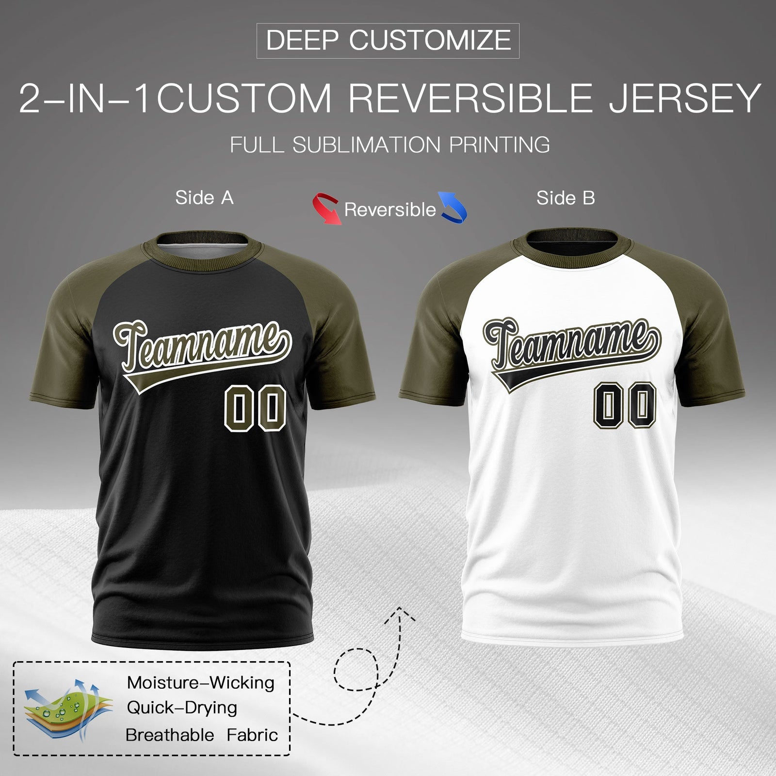 Custom Black Olive White Reversible Raglan Sleeves Quick Dry T-shirt| KXKSHOP