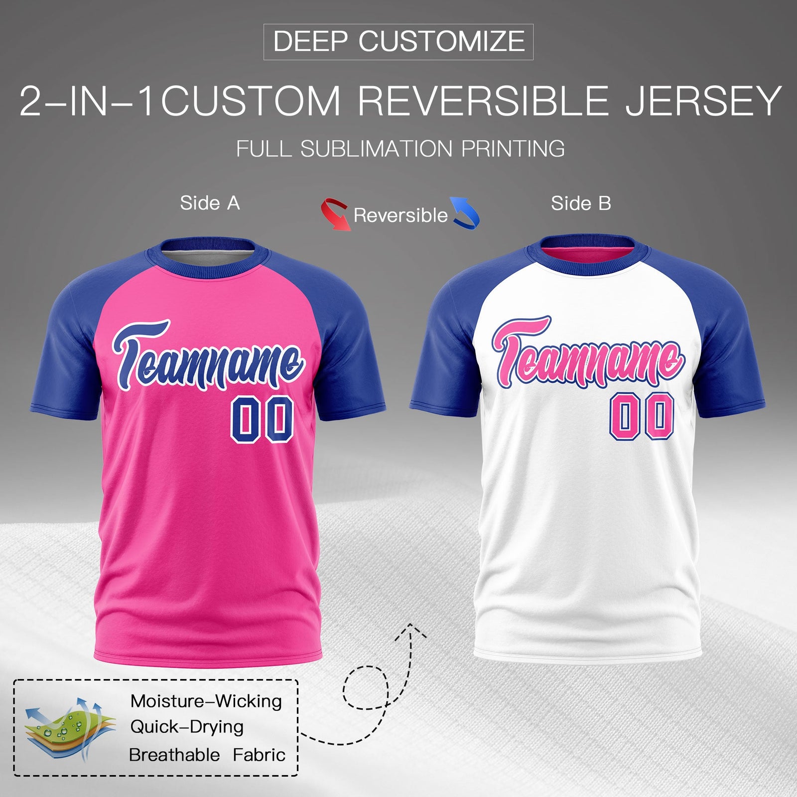 Custom Pink White Royal Blue Reversible Raglan Sleeves Quick Dry T-shirt| KXKSHOP