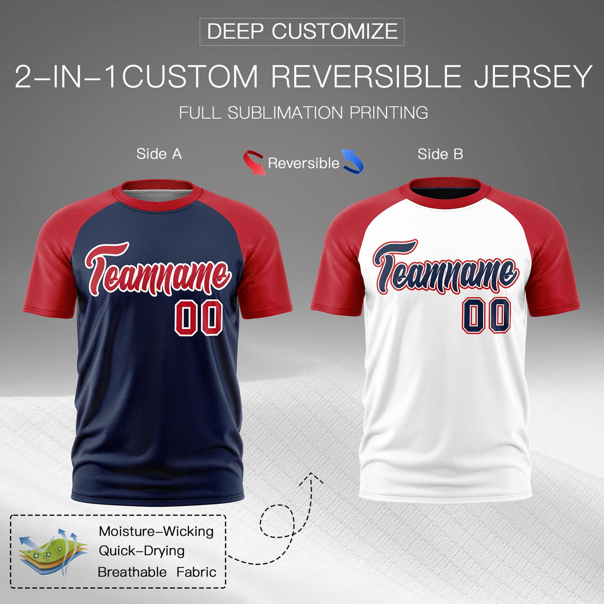 Custom Navy Red White Reversible Raglan Sleeves Moisture-Wicking T-shirt| KXKSHOP