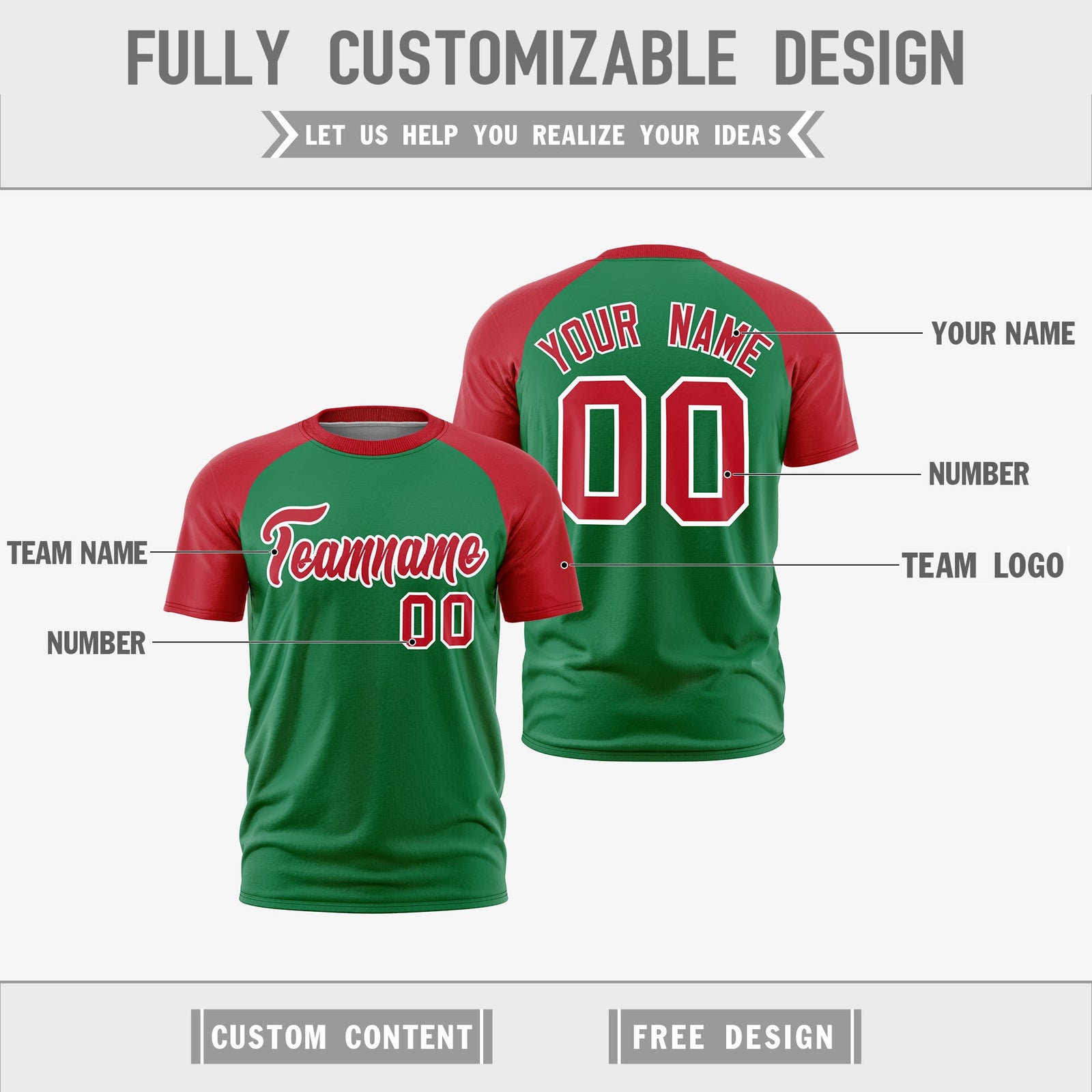 Custom Kelly Green Red White Reversible Raglan Sleeves Quick Dry T-shirt| KXKSHOP
