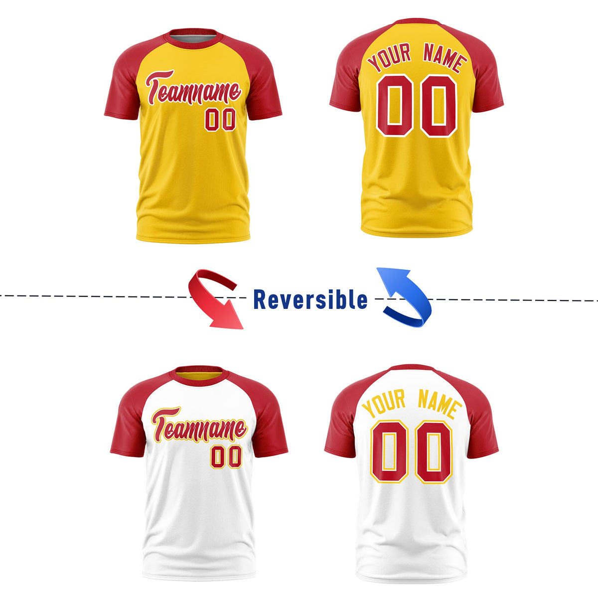 Custom Gold Red White Reversible Raglan Sleeves Moisture-Wicking T-shirt| KXKSHOP
