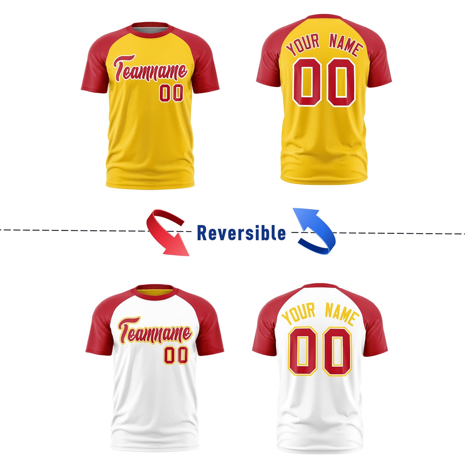 Custom Gold Red White Reversible Raglan Sleeves Moisture-Wicking T-shirt| KXKSHOP