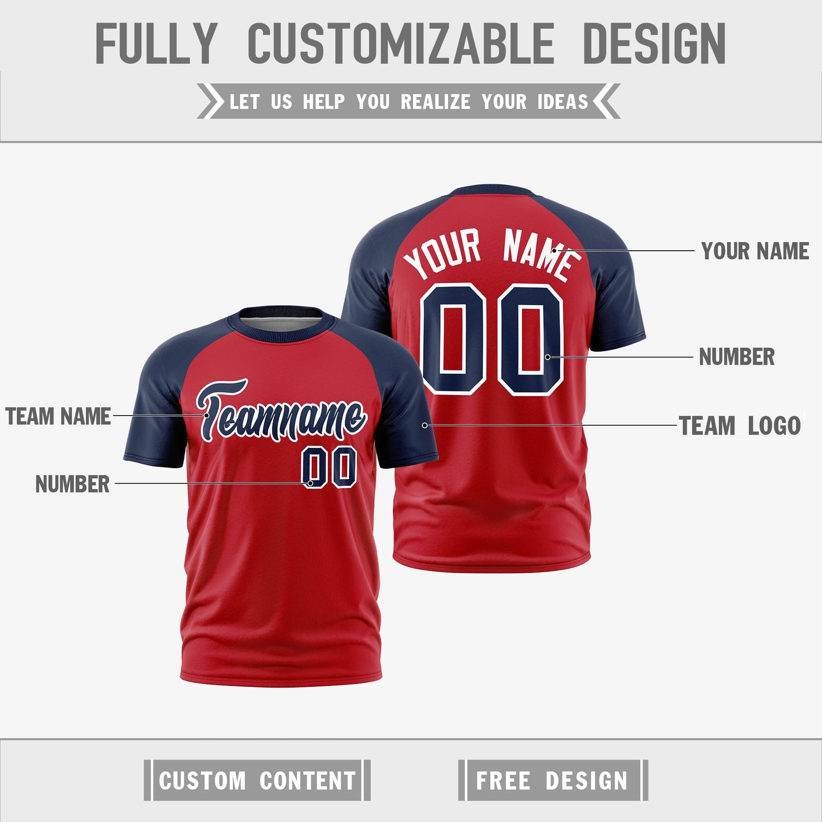 Custom Red Navy White Reversible Raglan Sleeves Quick Dry T-shirt| KXKSHOP