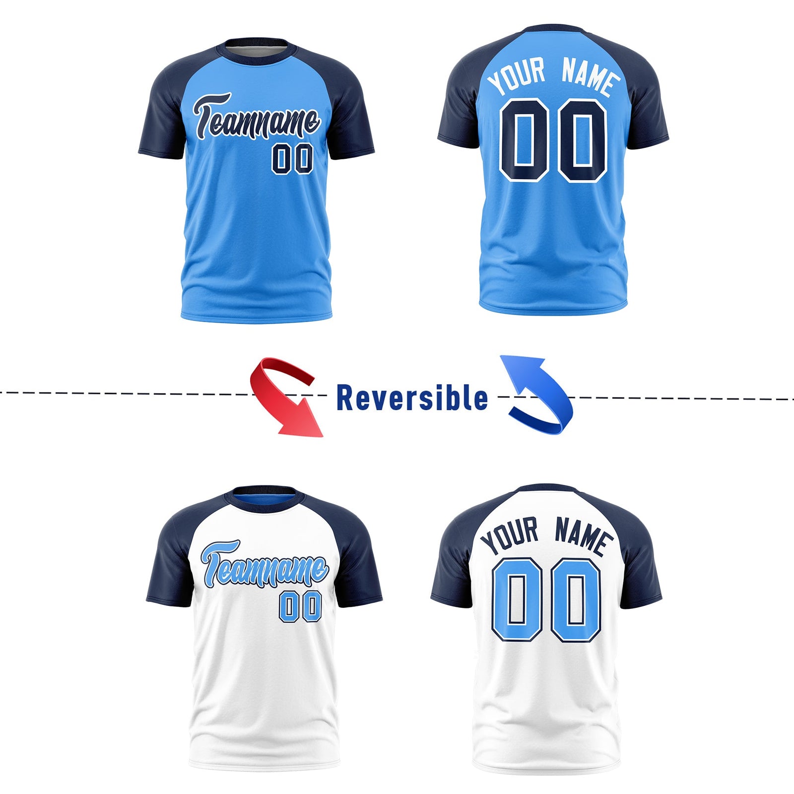 Custom Powder Blue Navy White Reversible Raglan Sleeves Quick Dry T-shirt| KXKSHOP