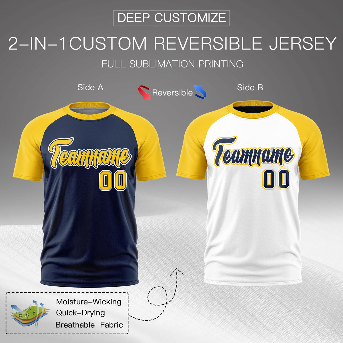 Custom Navy Gold White Reversible Raglan Sleeves Quick Dry T-shirt| KXKSHOP