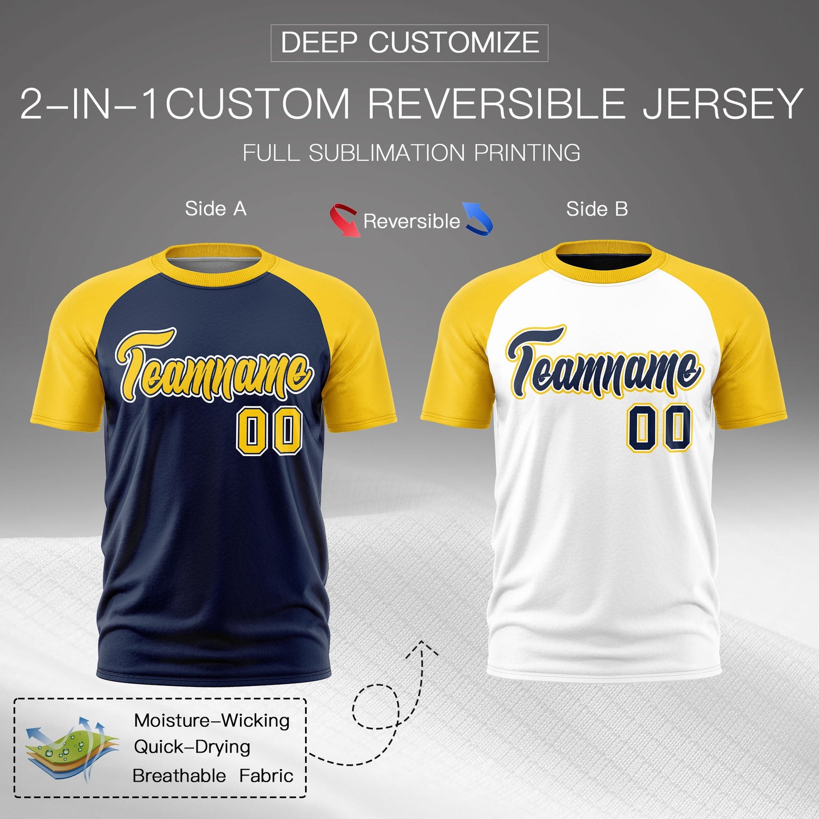 Custom Navy Gold White Reversible Raglan Sleeves Quick Dry T-shirt| KXKSHOP