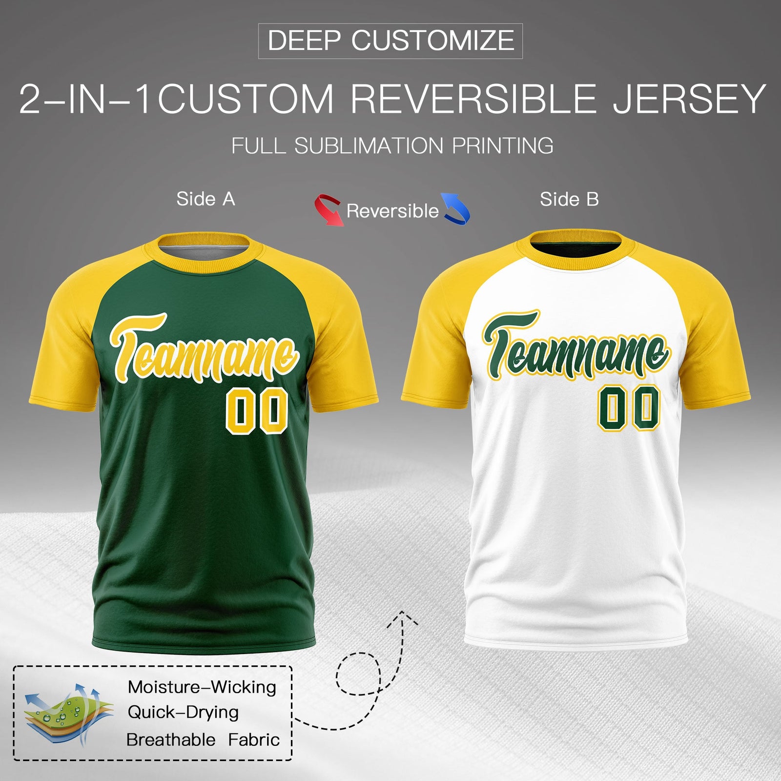 Custom Dark Green White Gold Reversible Raglan Sleeves Moisture-Wicking T-shirt| KXKSHOP