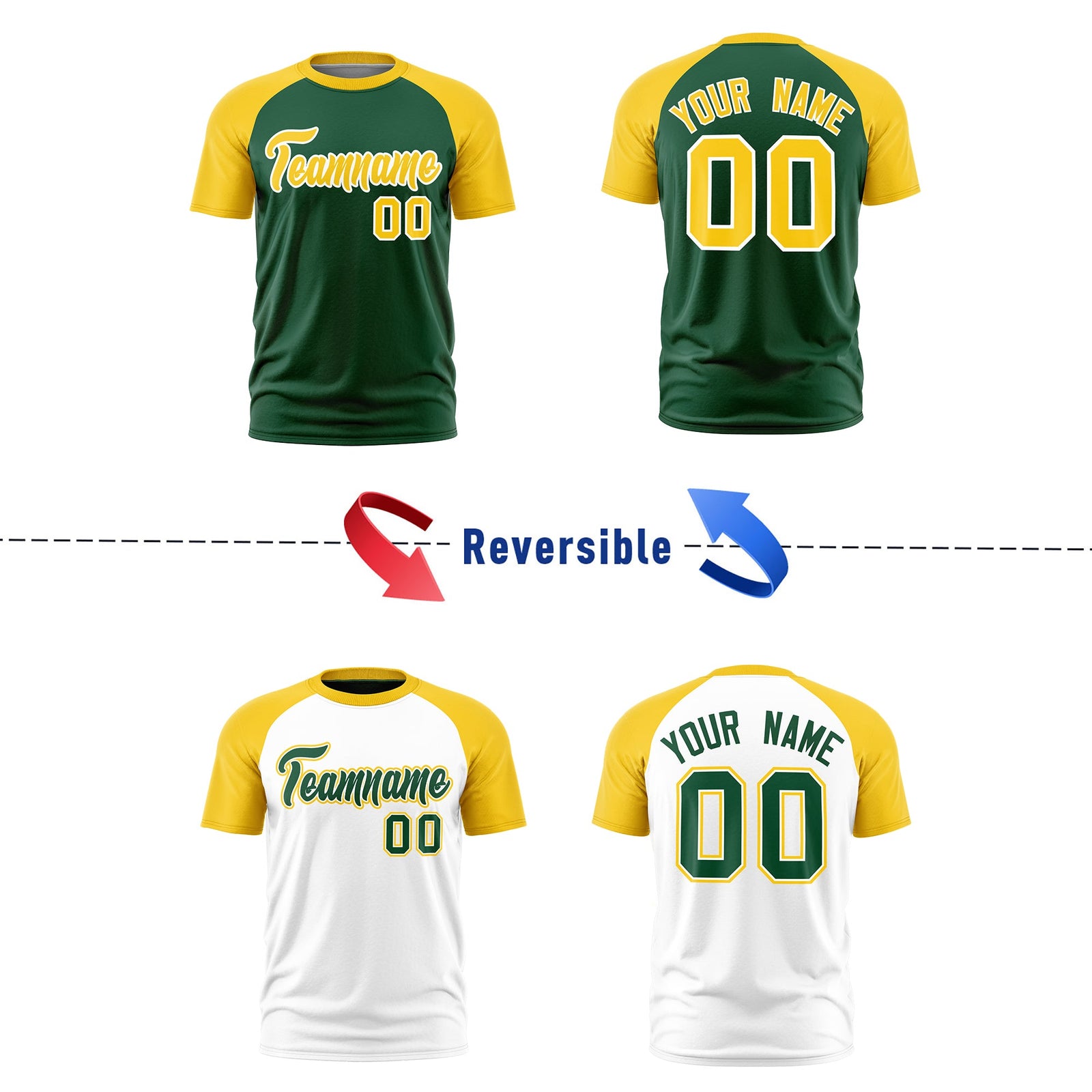 Custom Dark Green White Gold Reversible Raglan Sleeves Moisture-Wicking T-shirt| KXKSHOP