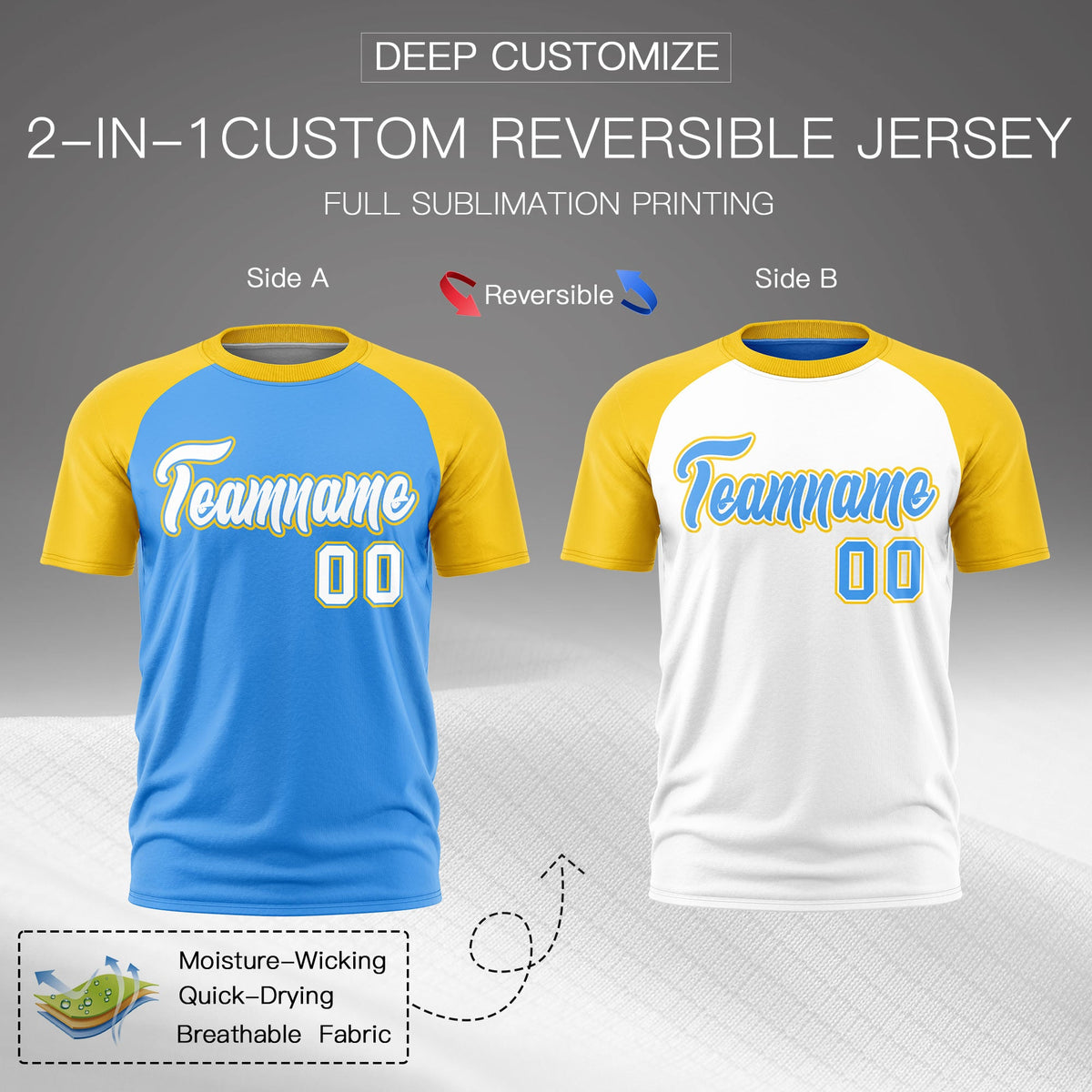 Custom Powder Blue Gold White Reversible Raglan Sleeves Moisture-Wicking T-shirt| KXKSHOP