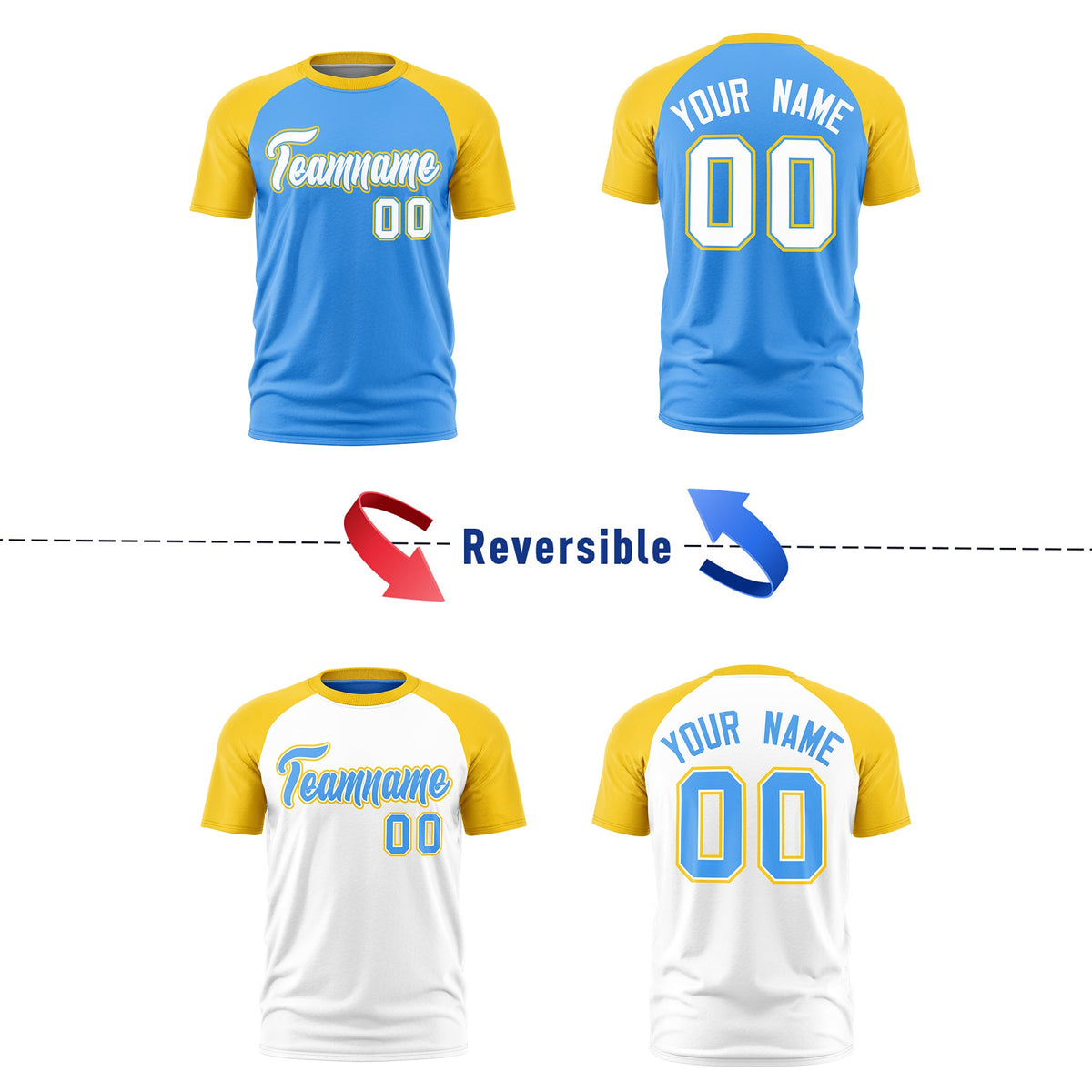 Custom Powder Blue Gold White Reversible Raglan Sleeves Moisture-Wicking T-shirt| KXKSHOP