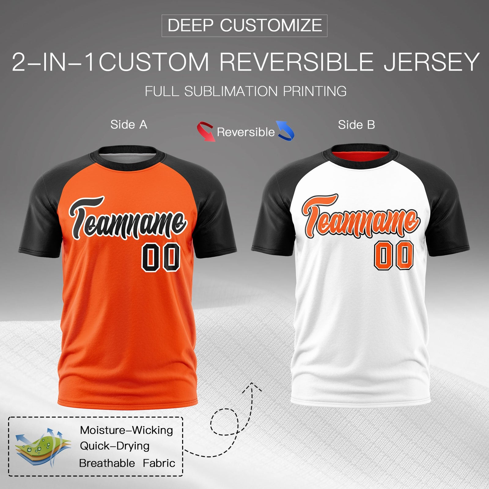 Custom Orange Black White Reversible Raglan Sleeves Moisture-Wicking T-shirt| KXKSHOP