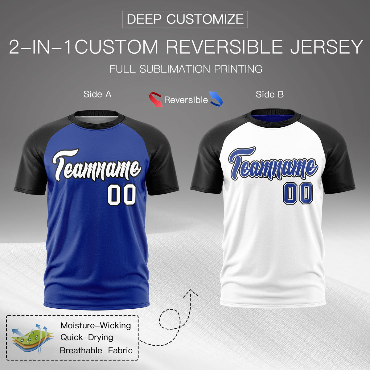 Custom Royal Blue Black White Reversible Raglan Sleeves Moisture-Wicking T-shirt| KXKSHOP