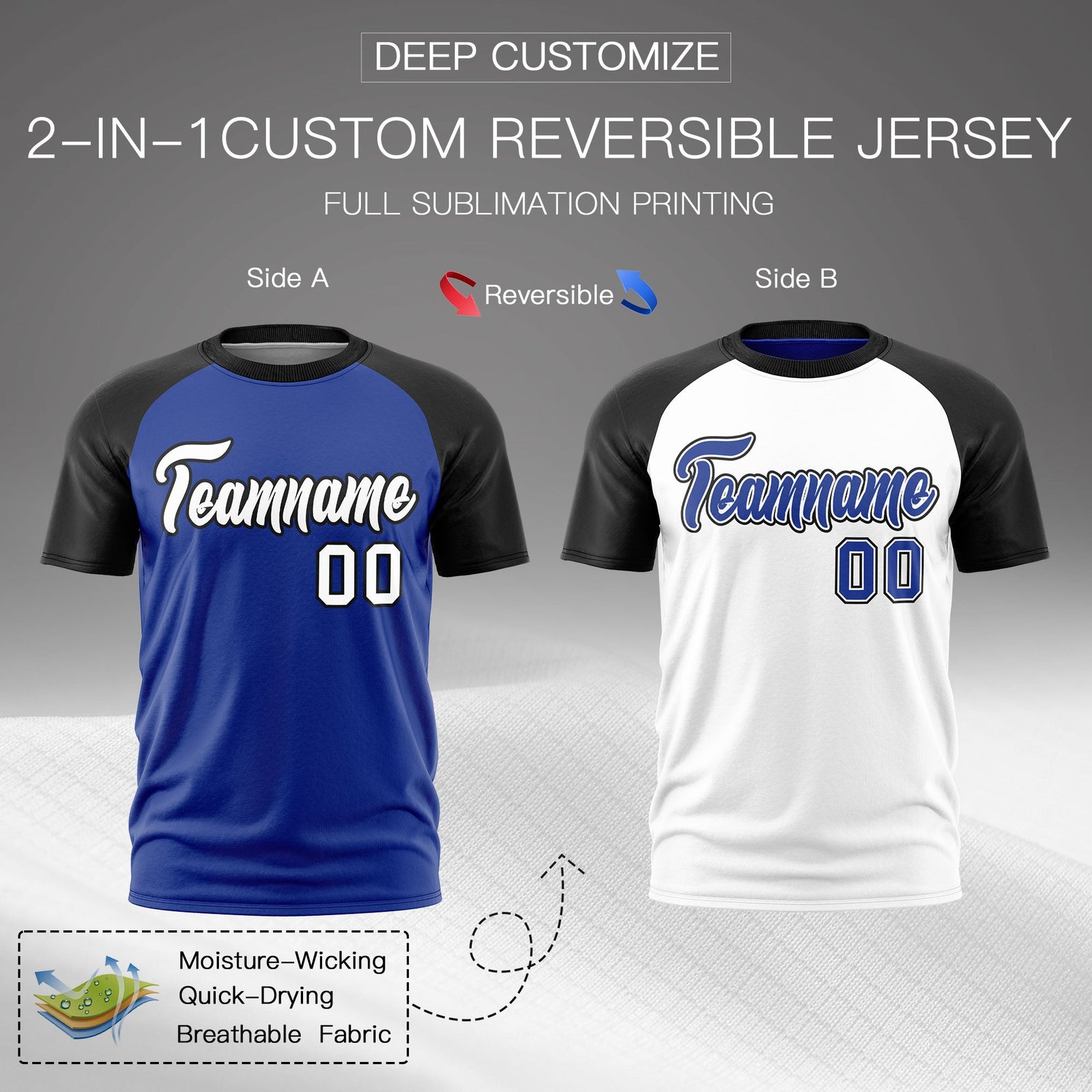 Custom Royal Blue Black White Reversible Raglan Sleeves Moisture-Wicking T-shirt| KXKSHOP