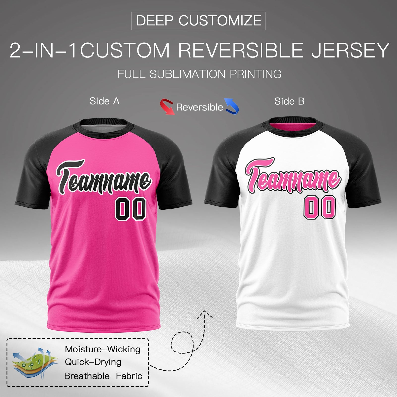 Custom Pink Black White Reversible Raglan Sleeves Moisture-Wicking T-shirt| KXKSHOP