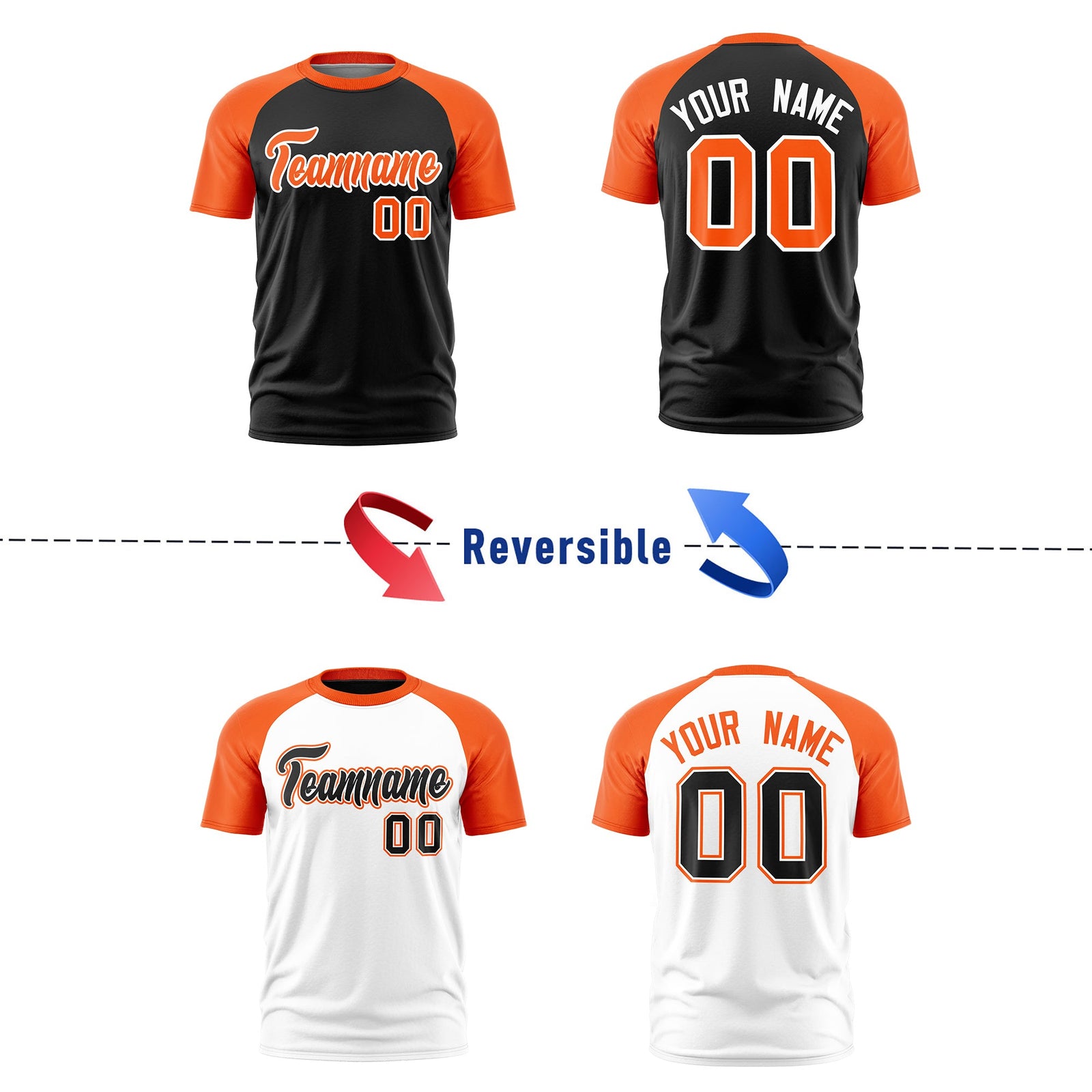 Custom Black Orange White Reversible Raglan Sleeves Quick Dry T-shirt| KXKSHOP