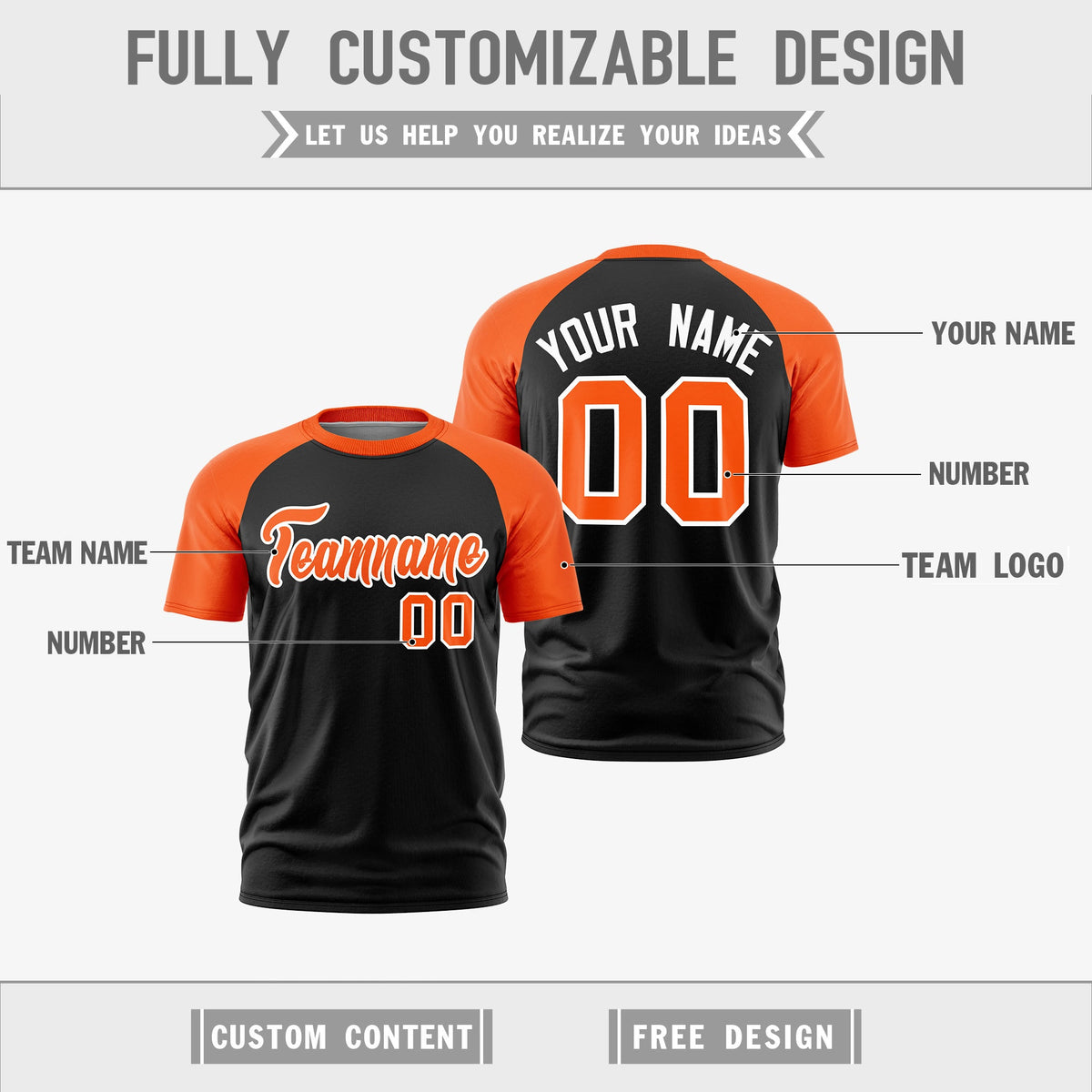Custom Black Orange White Reversible Raglan Sleeves Quick Dry T-shirt| KXKSHOP