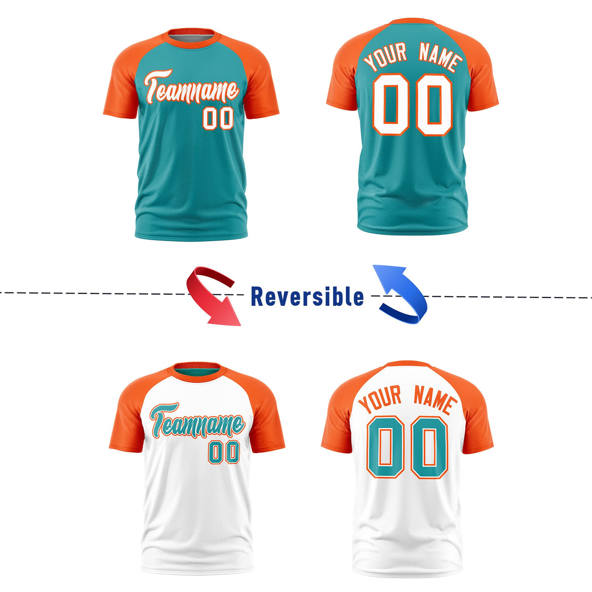 Custom Aqua Orange White Reversible Raglan Sleeves Quick Dry T-shirt| KXKSHOP