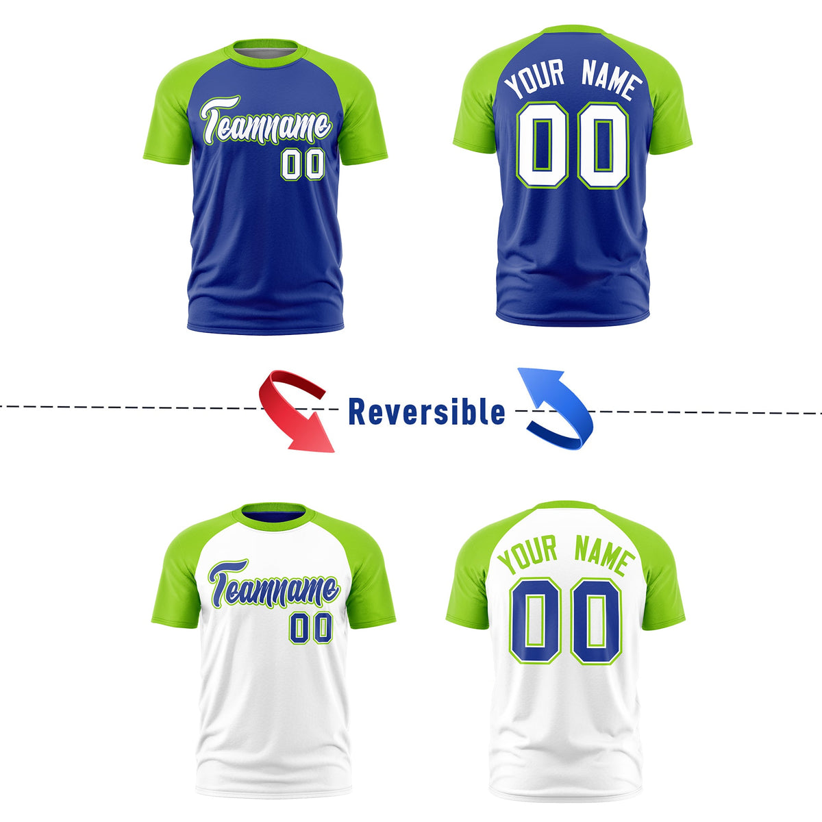 Custom Royal Blue Neon Green White Reversible Raglan Sleeves Moisture-Wicking T-shirt| KXKSHOP
