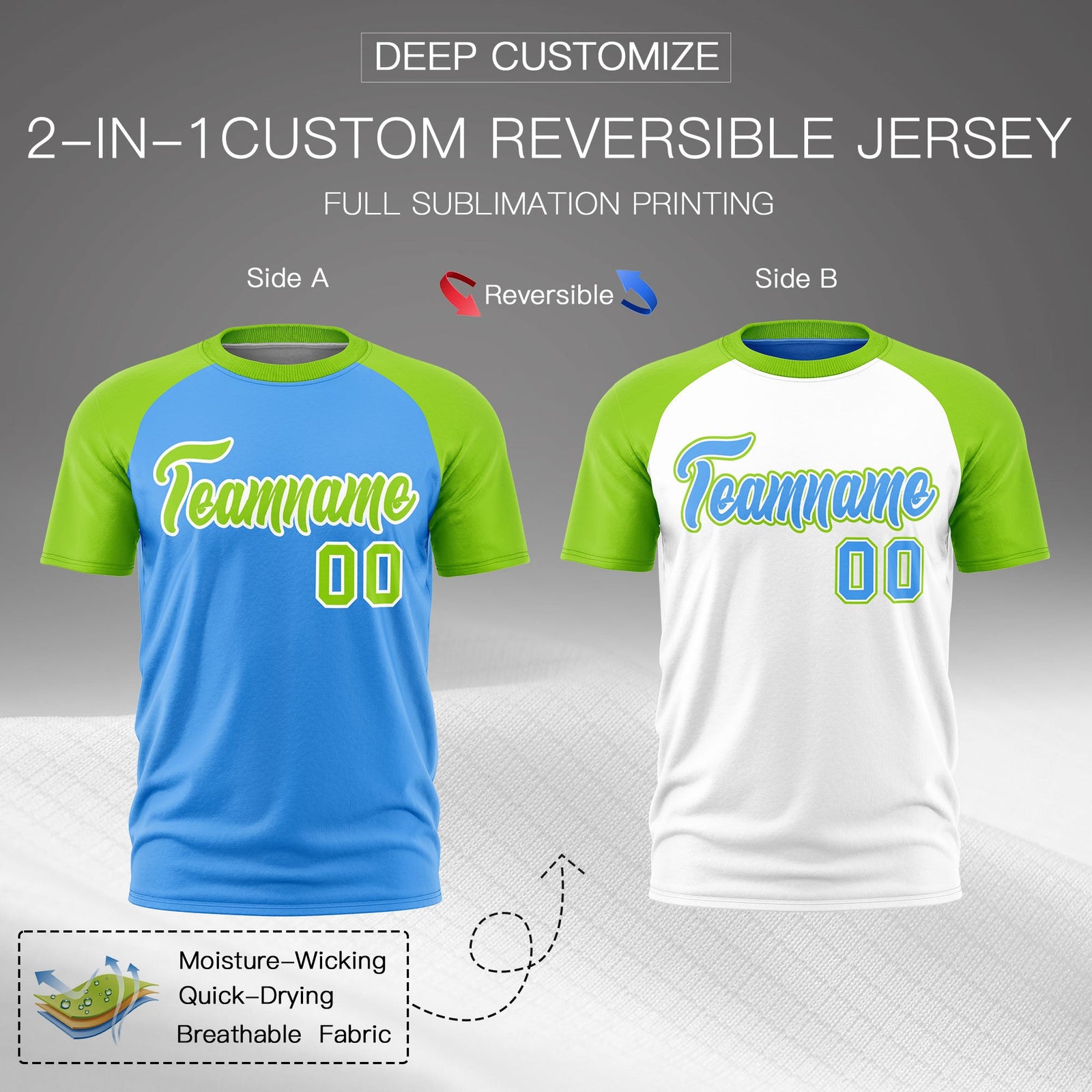 Custom Powder Blue Neon Green White Reversible Raglan Sleeves Quick Dry T-shirt| KXKSHOP